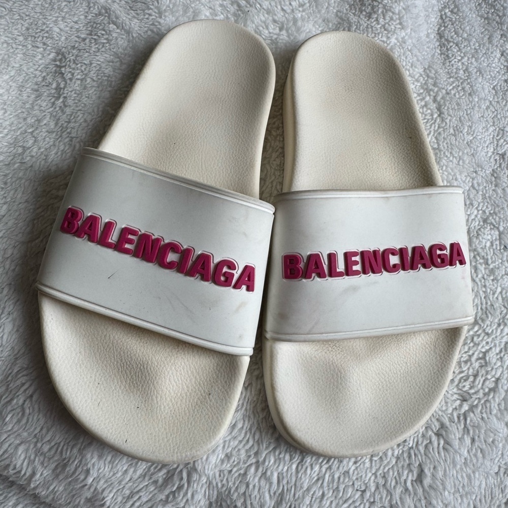 Balenciaga White and Pink Pool Slide Sandals